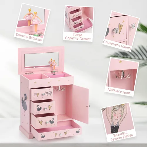 Vista 2 de efubaby Joyero grande para niñas caja musical de 5 capas con puerta oscilante bailarina giratoria juego de joyas de unicornio incluido organizador