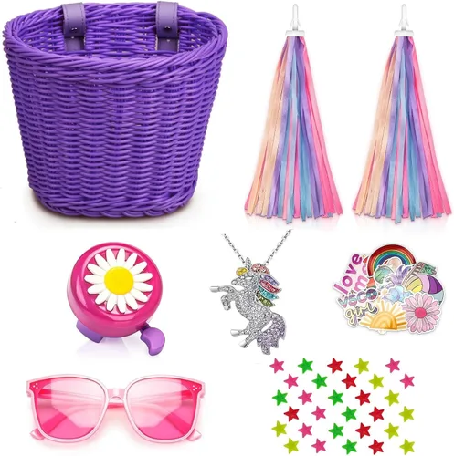 Vista 9 de Cesta de bicicleta para manillar para niñas con collar de unicornio, campana, serpentinas, cuentas de rueda, lentes de sol, calcomanías, juego