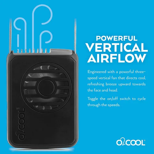 Vista 3 de O2COOL Ventilador de enfriamiento de cordón ajustable con batería USB de viaje personal para cuello portátil, (negro)