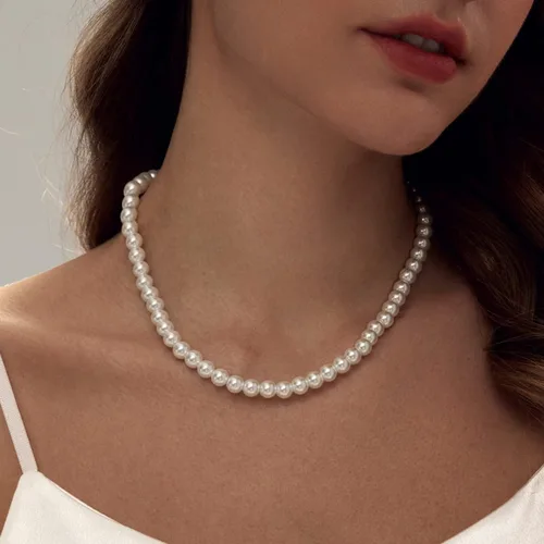 Vista 2 de Pearl Necklace 8MM Dainty Round Imitation Pearl Necklace Wedding Pearl Necklace Delicate Jewelry for Women Simple Bridesmaid Jewelry Gifts