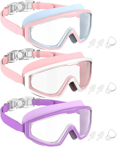 Vista 14 de NSSIW Gafas de natación para niños, antiniebla, sin fugas, con clip para la nariz, tapones para los oídos para niñas, niños y jóvenes, 6-14, paquete