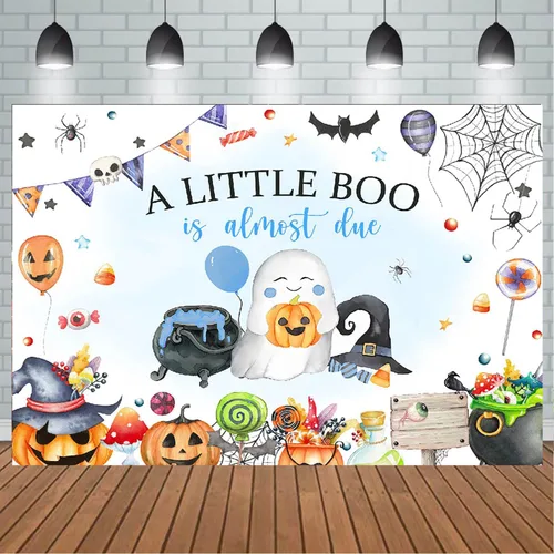 Vista 3 de Blue A Little Boo - Telón de fondo para baby shower para niños, Halloween, calabaza, baby shower, fantasma, Halloween, baby shower, decoraciones