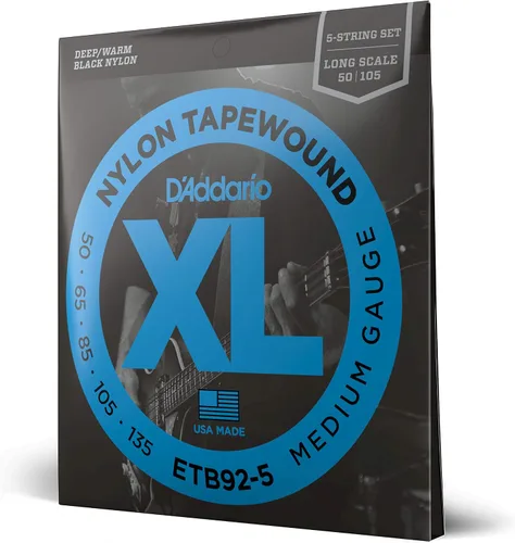 Vista 5 de D'Addario Cuerdas para Bajo, Enrolladas en Cinta Negra de Nylon, ETB92M, Escala Media, Calibre Medio 50-105, Juego de 4 Cuerdas, Paquete de 1