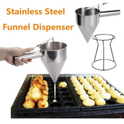 Vista 3 de Stainless Steel Batter Dispenser Funnel 1.2L with Stand, Handheld Pancake Funnel with Manual Control Lever, Commercial Takoyaki Cake Cupcake Batter