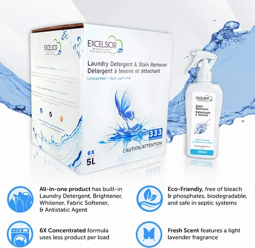 Vista 3 de Excelsior HE - Detergente para ropa con removedor de manchas natural para 333 cargas de sin perfume, 5 litros ecológico (1 paquete)