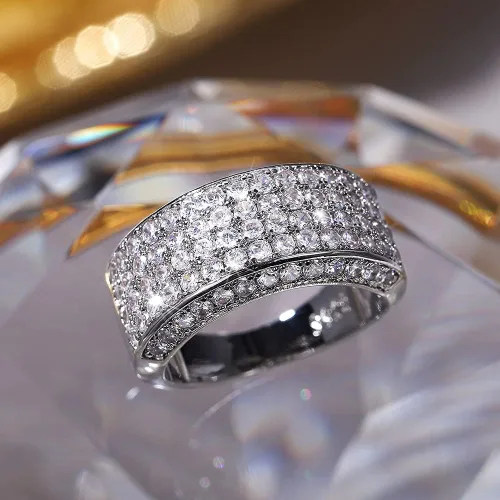 Vista 2 de Anillo de plata de ley 925 brillante con diamantes de circonita cúbica, anillo de múltiples filas, anillo de compromiso de eternidad, anillo de boda