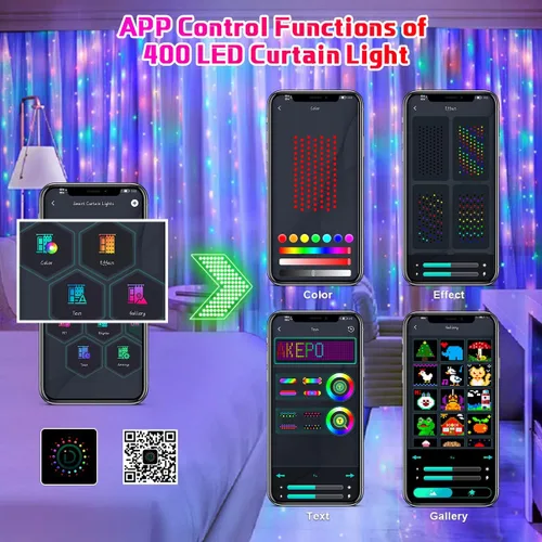 Vista 2 de AKEPO Luces LED inteligentes programables para colgar en ventana, IP65 400 RGB LED APP Control DIY texto y patrón de luces de hadas para propuestas
