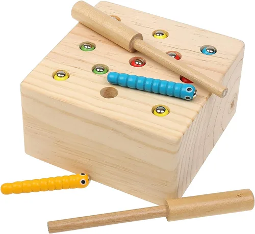 Vista 7 de Boxiki kids Juguetes Montessori de madera para bebés, niños pequeños y niños, habilidades motoras finas, juego de gusano magnético para 3 años