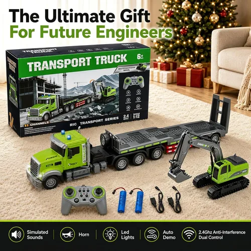 Vista 7 de 2-in-1 1:12 RC Semi Truck & Excavator Toy with Lights & Sounds