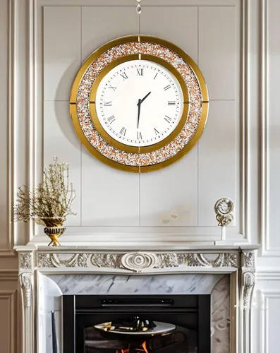 Vista 5 de Reloj de pared de diamante triturado redondo decorativo con espejo de 24 pulgadas, color marrón
