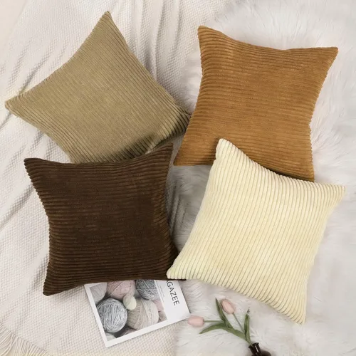Vista 8 de Lewondr - Fundas de almohada de pana, juego de 4 fundas cuadradas de 22x22 pulgadas, con diseños a rayas modernas, para sofá, sala de estar, Marrón