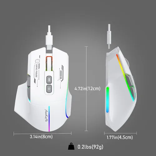 Vista 2 de Mouse inalámbrico para juegos, mouse ergonómico con 5 DPI ajustables hasta 7200, luces de respiración RGB, compatible con laptop, Chromebook, PC