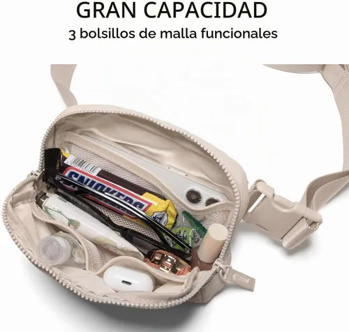 Vista 7 de Riñonera para mujer, con cremallera bidireccional, riñonera de moda para todas partes con correa ajustable, regalos para adolescentes, niñas Beige