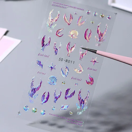 Vista 3 de Calcomanías de uñas de cola de sirena de ensueño 5D, calcomanías de uñas de verano 5D en relieve láser de sirena, calcomanías de arte de uñas de ola