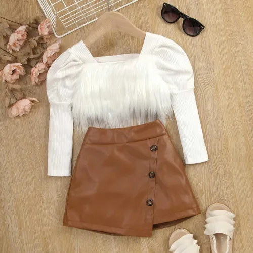 Vista 5 de TBUIALL Conjunto de dos piezas para niñas PrimaveraOtoño Blanco Manga Larga Empalmado Top Irregular PU Falda Bebé