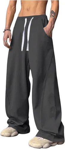 Vista 2 de OYOANGLE Pantalones deportivos holgados con cordón y cintura elástica Y2K para hombre, pantalones largos sueltos de pierna ancha con bolsillo