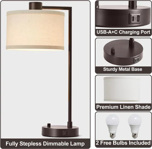 Vista 2 de Luvkczc Lámpara de Mesa para Dormitorio Juego de 2 con Puertos USB C+A - Lámpara de Noche Totalmente Regulable Sin Escalones con Pantalla de Lino