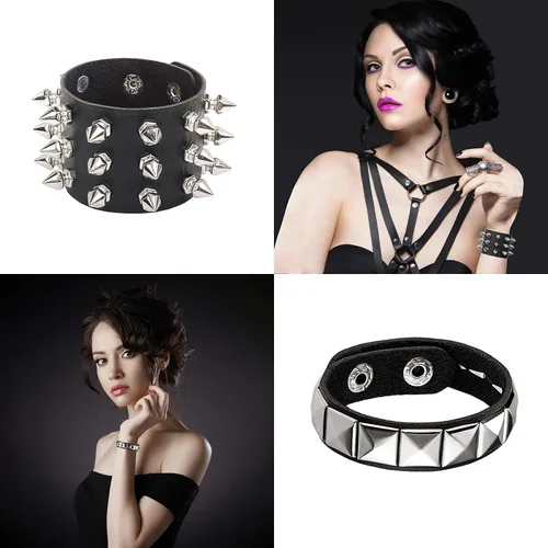 Vista 2 de 6 pulseras punk góticas de piel sintética con tachuelas de remache con tachuelas, brazalete negro gótico steampunk para hombres y mujeres, unisex