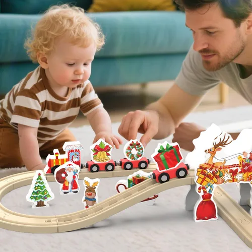 Vista 8 de Juego de tren de madera, pista de tren para niños pequeños de 3 a 5 años, pistas de madera para niños y niñas, juguetes de 42 piezas de trenes
