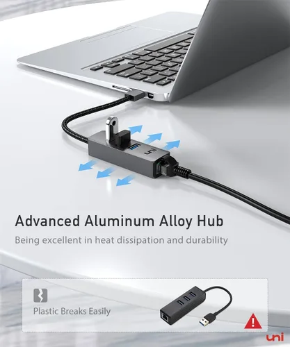 Vista 5 de uni Adaptador USB a Ethernet, concentrador USB 3.0 con 100/1000 Mbps RJ45 Ethernet sin controlador, resistente adaptador de red USB-A a LAN