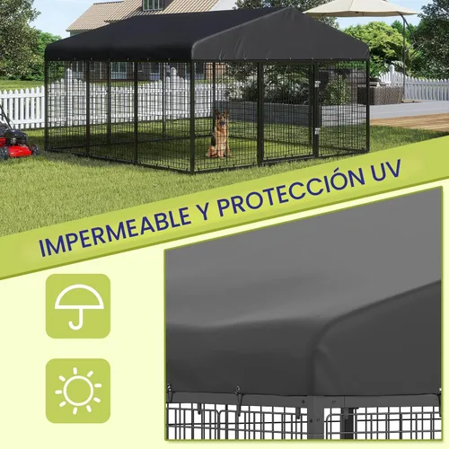 Vista 7 de Perrera para Perros de Exterior de 118" x 118" de Acero Ideal Cerca para Perros Medianos/Pequeños Revestimiento Anti-Óxido Jaula con Techo