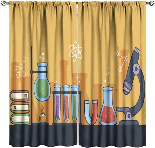 Vista 44 de Cortinas opacas para ventanas de ciencia para niños, lupa de libro de laboratorio de ciencia, lupa, frascos moleculares, cortinas impresas