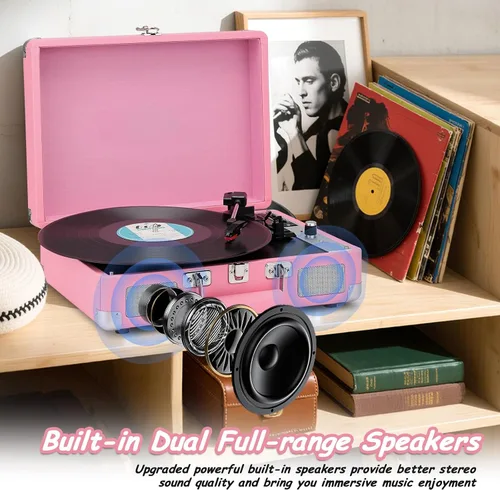 Vista 4 de Tocadiscos, reproductor de discos de vinilo con altavoces estéreo, reproductor de discos Bluetooth de 3 velocidades, tocadiscos todo en uno