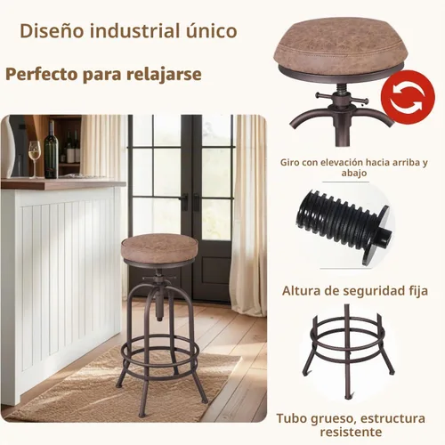 Vista 8 de Taburete de bar industrial, de 26 a 32 pulgadas, ajustable, giratorio, de piel sintética, taburete de bar con reposapiés, para cocina, comedor, pub