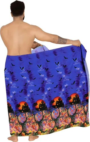 Vista 2 de HAPPY BAY Pareo para hombre, diseño de calabaza aterradora de Halloween, traje de baño, pareo de verano para hombres, talla única, árbol embrujado
