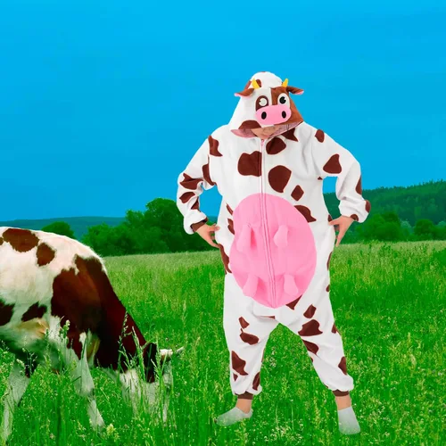 Vista 2 de Adult Cow One Piece Pajamas Animal Cosplay Halloween Costume for Men Women