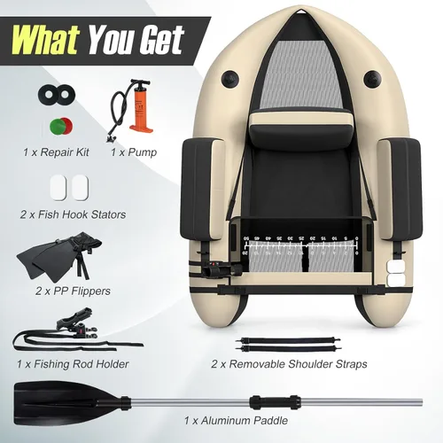 Vista 8 de GYMAX Tubo flotador de pesca, barco de pesca inflable de 350 libras con paleta, bomba, aletas, estatores de anzuelos, regla de pescado, bolsillos
