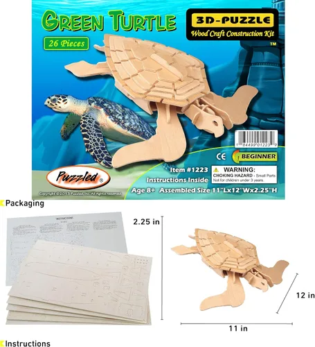 Vista 2 de Puzzled Rompecabezas 3D de madera de tortuga verde, kit de modelo de construcción de manualidades, divertido juguete educativo único de madera