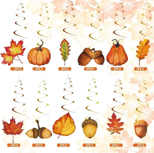 Vista 4 de Whaline 32 piezas de remolino colgante de otoño, calabaza, hoja de arce, piña, remolino, decoración para colgar en el techo, remolinos de fiesta