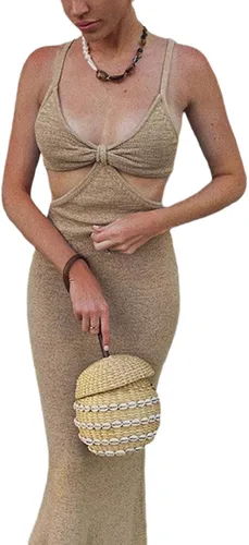Vista 2 de NUFIWI - Vestido largo para mujer con corte de tirantes delgados calado cuello halter sin espalda maxi vestido de fiesta y fiesta Y2K Ropa de calle