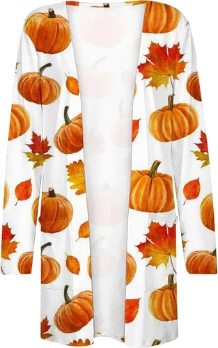 Vista 4 de Cárdigan con estampado de hojas de arce y calabaza para mujer, Halloween, Acción de Gracias, frente abierto, cárdigan de manga larga con bolsillos