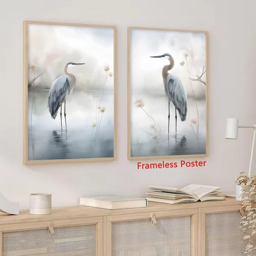 Vista 5 de BACKYMRJCART Arte abstracto de garza blanca para pared, cuadro de grulla, arte de pared para dormitorio, arte en lienzo de gran garza azul, póster