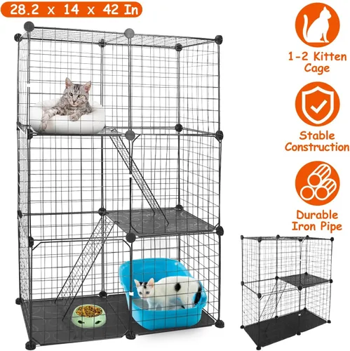 Vista 2 de Jaula de 3 niveles para gatos, casa de metal para interiores, casa desmontable para gatitos con 3 puertas, 2 escaleras, lugar de ejercicio
