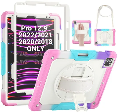Vista 10 de SEYMAC Funda para iPad Pro 12.9 2022/2021/2020/2018, resistente protección a prueba de golpes con protector de pantalla, soporte giratorio de 360°
