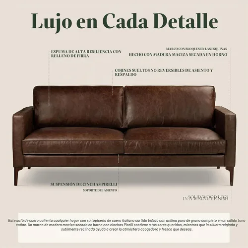 Vista 4 de POLY & BARK Mateo 82” Sofá – Cuero italiano de grano completo y acabado de anilina en color chocolate marrón, cojines de plumón, estructura