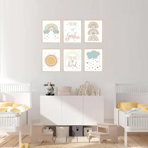 Vista 3 de LLOSEUP Juego de 6 impresiones artísticas de pared boho para cuarto de bebé, diseño de arco iris, corazón, lluvia, eres mi sol, inspirador