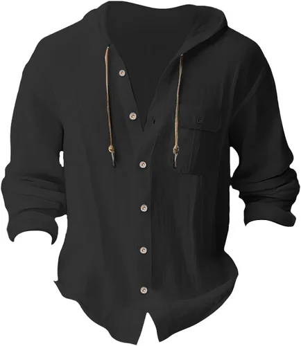 Vista 3 de Sudadera con capucha de algodón y lino para hombre, camisa de manga larga con botones, ligera, casual, para la playa, hippie, tops