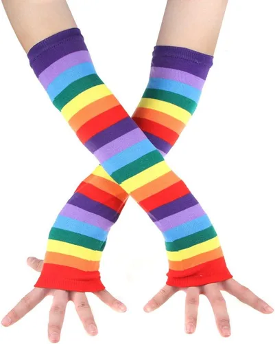 Vista 5 de Conjunto de calcetines de arco iris para mujer, a rayas, hasta la rodilla, calentador de brazos, guantes sin dedos