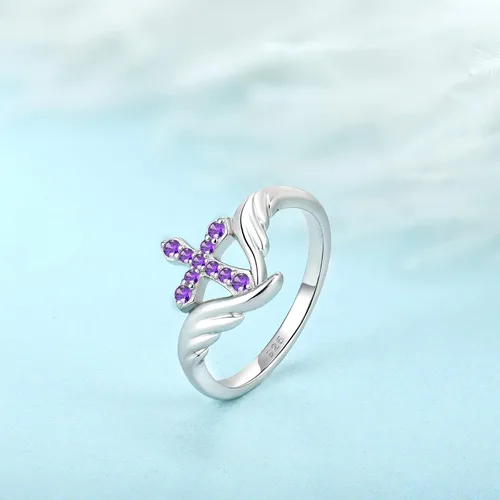 Vista 4 de STARCHENIE Cross Ring 925 Sterling Silver Angel Wings Ring for Women Size 5-10 02-Amatista-Febrero