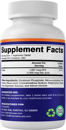 Vista 8 de Vitamatic Ácido fólico 1000 mcg (1 mg) - Tabletas vegetarianas - 1667 mcg DFE - Vitamina B9 (240 unidades (paquete de 1))