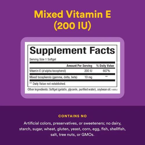 Vista 4 de Natural Factors Vitamina E Mixta 200 UI, Soporte Antioxidante para Integridad Celular, 90 Cápsulas Blandas