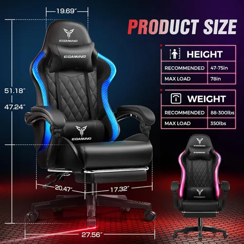 Vista 2 de EXRACING Silla de juegos con reposapiés ergonómica de cuero sintético con respaldo alto y luces LED RGB, reposabrazos de enlace y reposacabezas