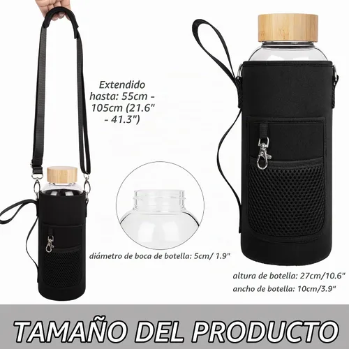 Vista 3 de Botella de agua de vidrio de borosilicato para deportes de 48 onzas, con tapa de bambú y funda de neopreno Negro-x