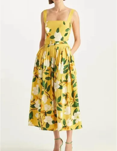 Vista 3 de Elegamt - Vestido largo con estampado floral y flores amarillas, vestido largo midi con cinturón