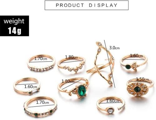Vista 2 de YERTTER Juego de 9 anillos de oro vintage para hombre con piedras preciosas verdes, anhelados, nudillos articulados, anillos medios para mujer