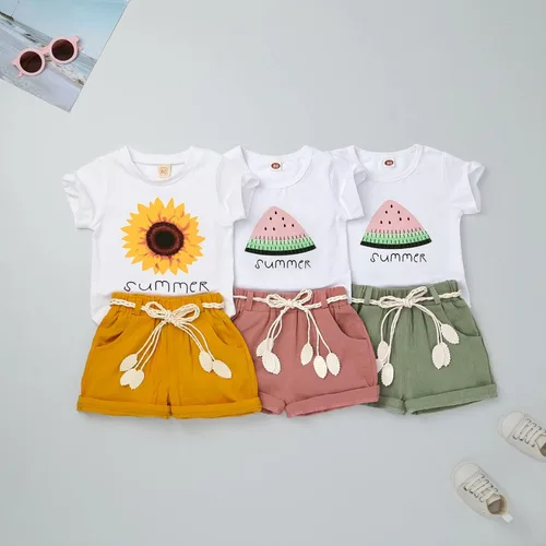 Vista 4 de FOCUTEBB Conjunto de ropa de verano para bebé niña, camiseta y pantalones cortos de lino con cinturón, lindo conjunto de ropa
